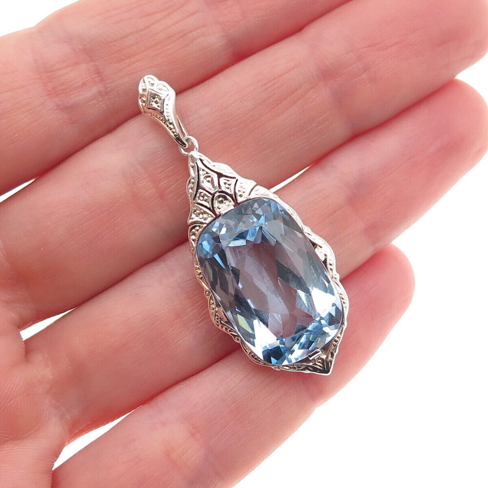 935 Silver Antique Art Deco Cushion-Cut Blue Glass Charm Pendant